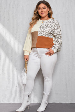 Plus Size Leopard Splicing Color Block Ribbed Khaki Top