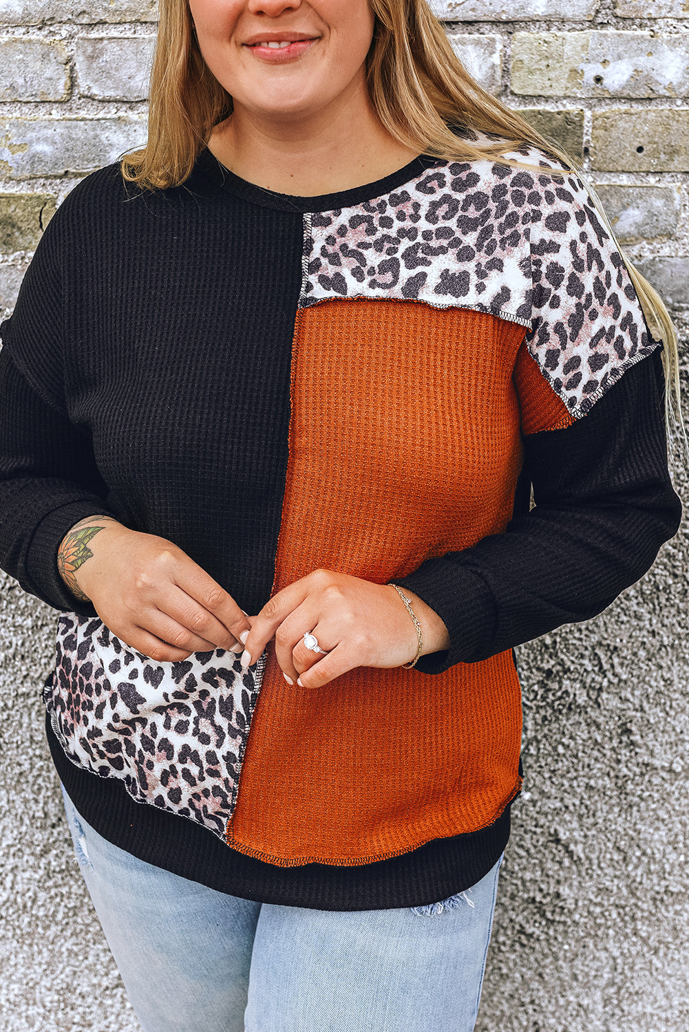 Black Orange Orange Coloterblock Leopard Patchwork Waffle Knit Plus Size Top