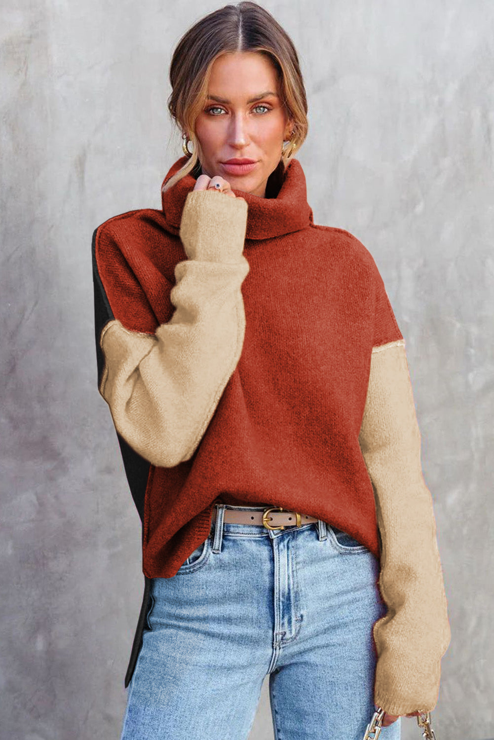 Ton roter Farbblock Block Turtle Neck Drop Schulterstrickpullover