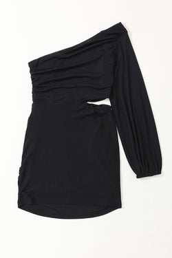 Black asymmetrical dress with a cut shoulder