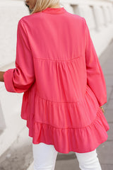 Blouse rose à manches longues et volants à moitié boutonnés-A WOMAN WE LOVE