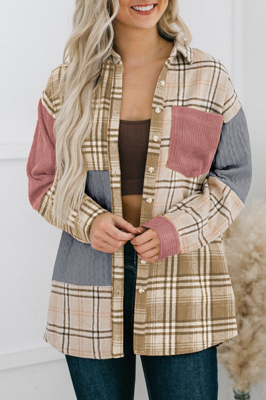 Pink Plaid Color Block Patchwork -Hemdjacke mit Tasche