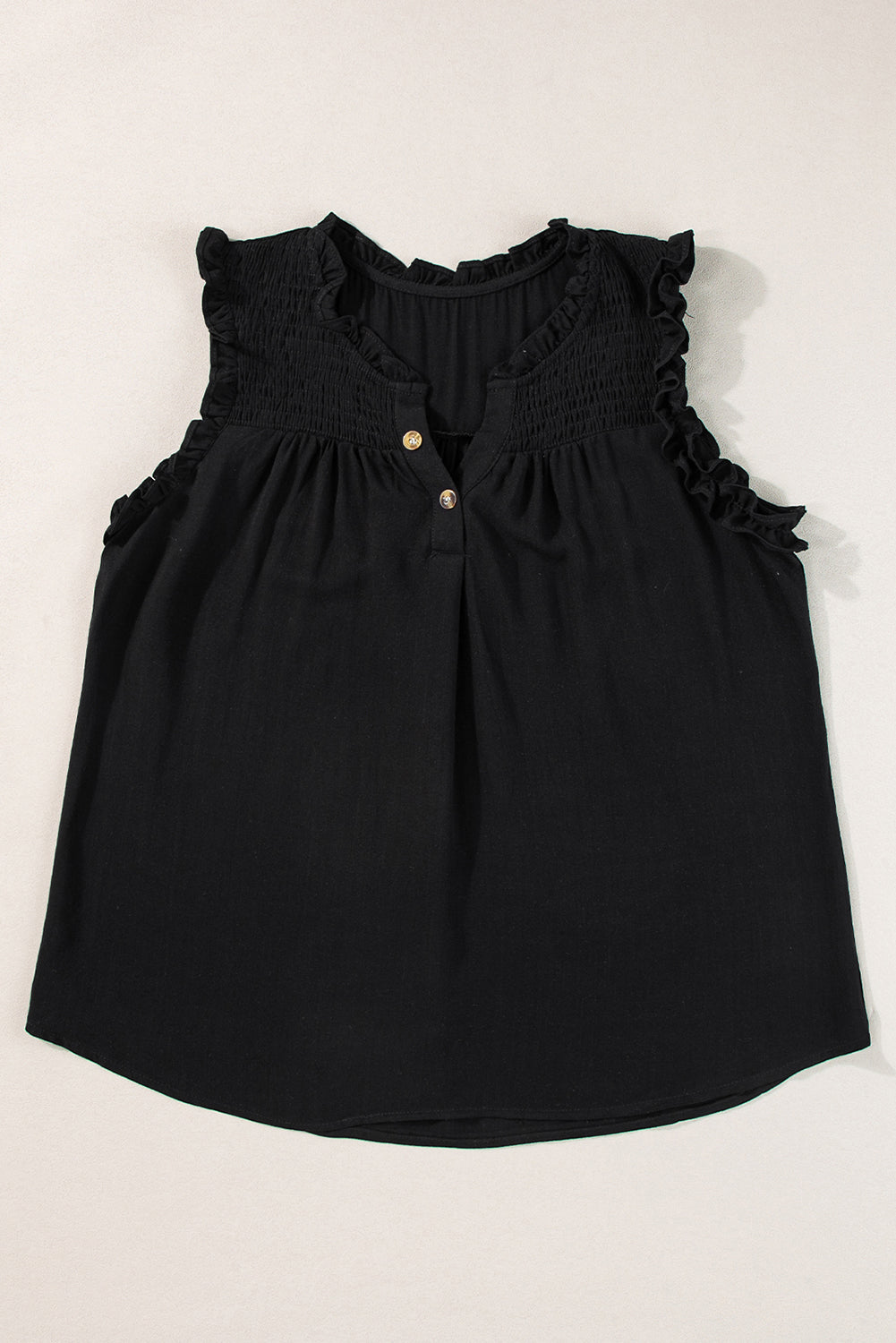 Black Button Split Neck Ruffled Trim Tank Top