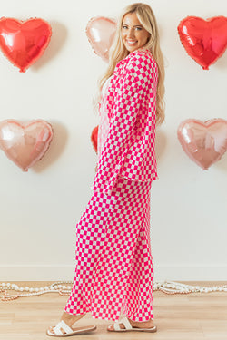 Ensemble pyjama chemise boutonnée à carreaux rose et pantalon taille haute