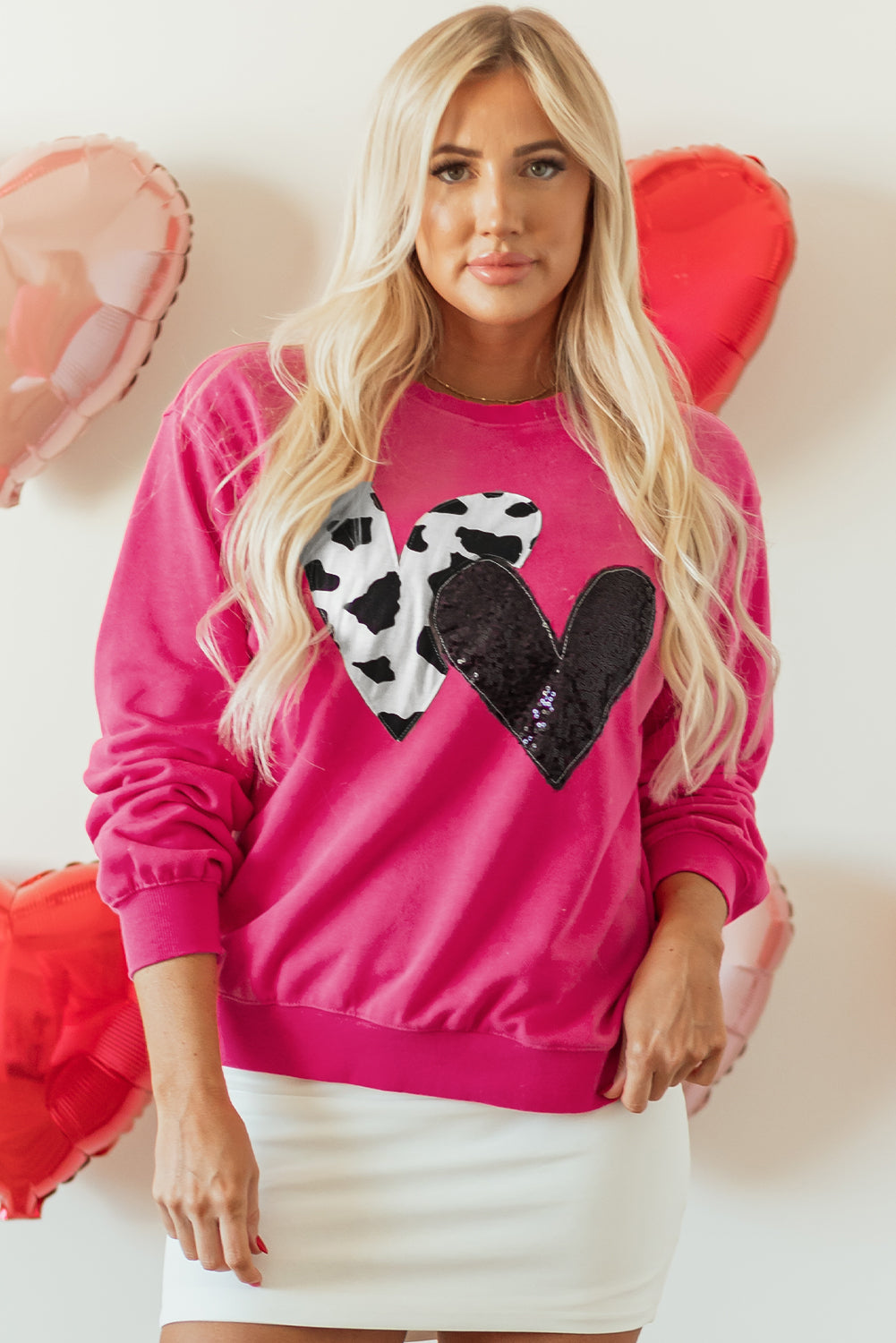 Sweat-shirt graphique à double cœur et paillettes rose fraise
