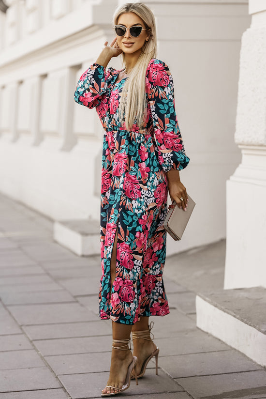 Vestido floral con cintura elástica alta con ardiente cuello rojo V rojo