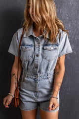Combi-short en denim à poches et boutons délavés vintage bleu clair-A WOMAN WE LOVE