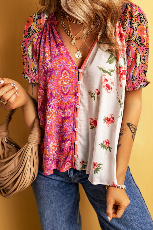 Blouse à manches courtes boutonnées Boho Floral multicolour