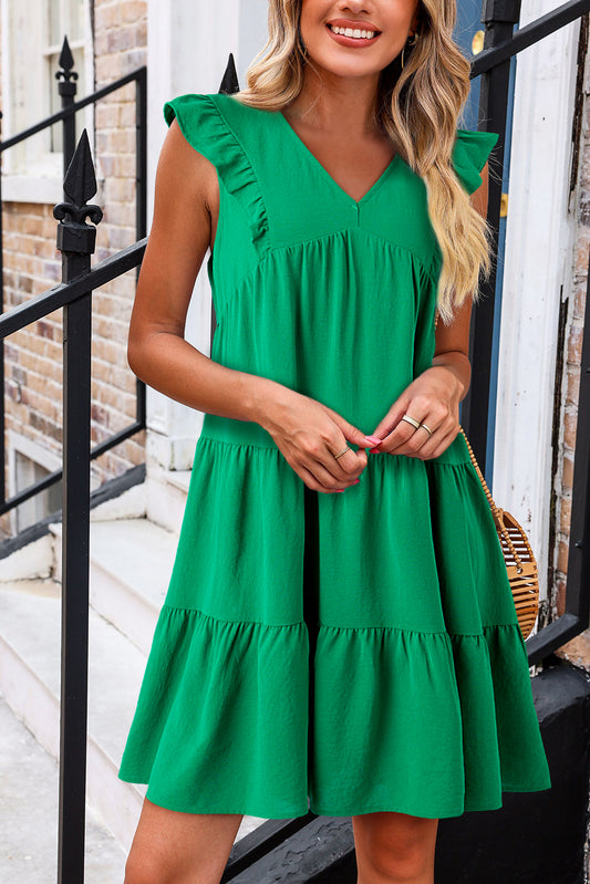 Couleur unie vert vif en V Ruffle à volant Mini robe