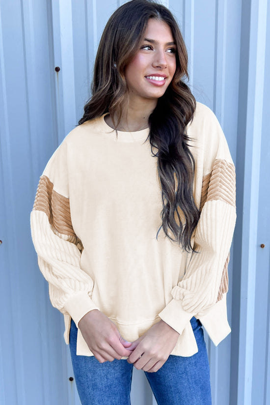 Apricot Corduroy Drop Shoulder Long Sleeve Sweatshirt