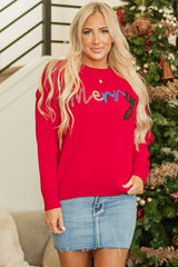 Pull ample à épaules tombantes avec lettres joyeuses Tinsel rouge ardent
