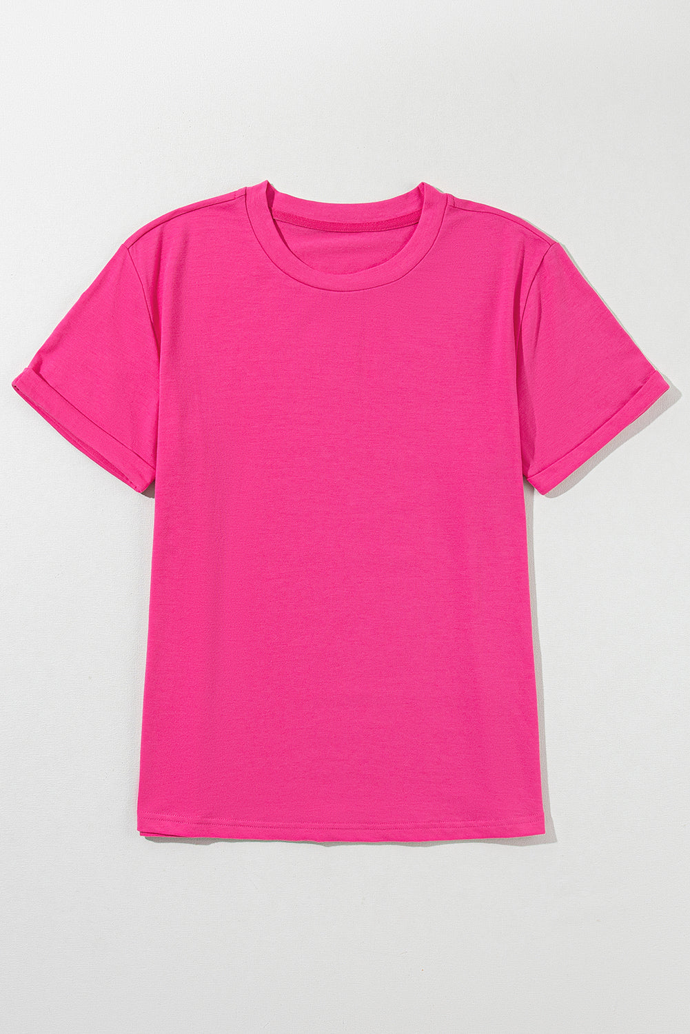 Rose Red Casual Plain Crew Neck T -Shirt