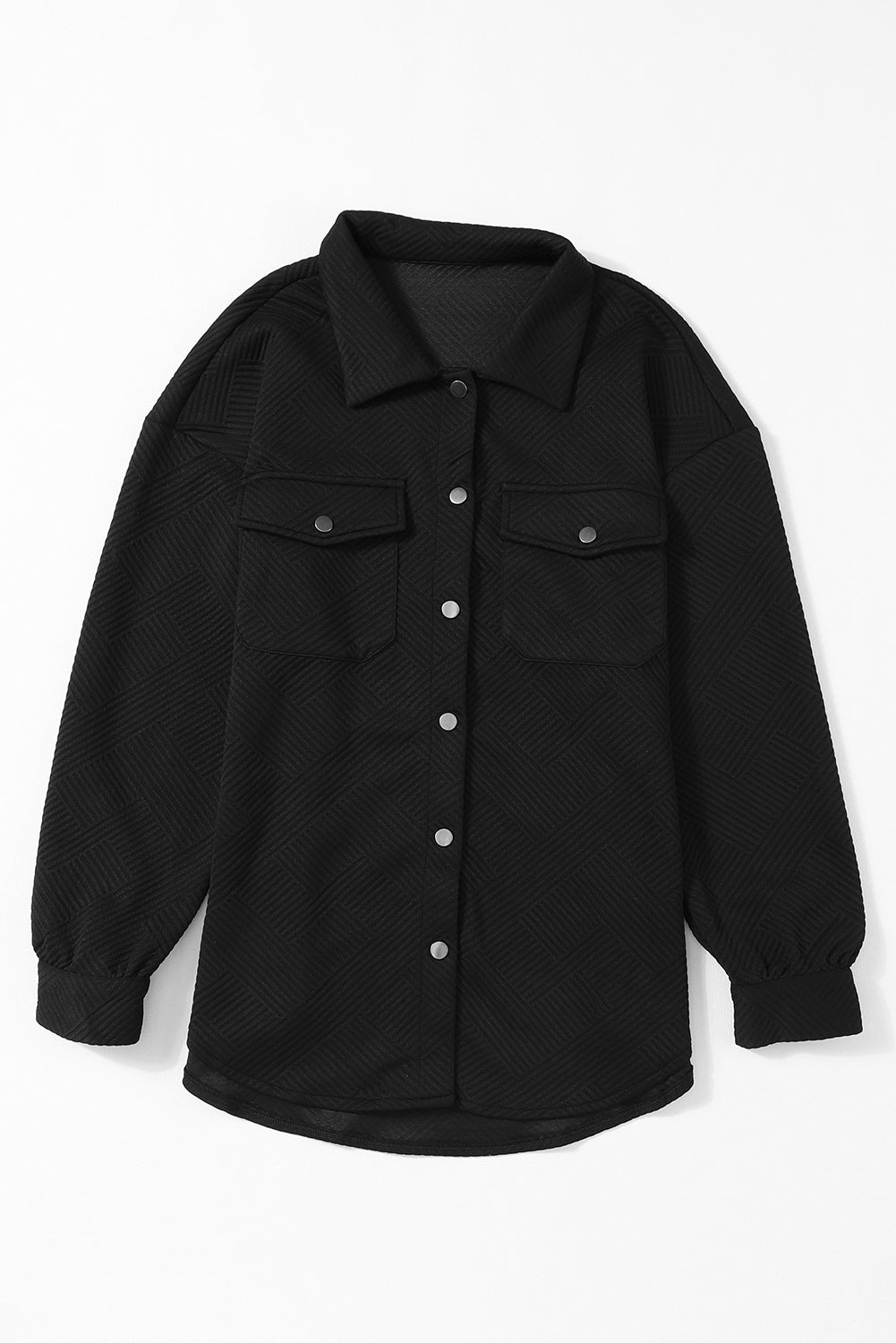 Black Solid Textured Flap Pocket Bocketed Chacket