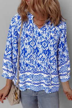 Blue blouse bohemian printed with 3/4 sleeve and tied collar