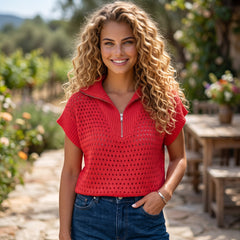 Pull ajouré à manches courtes et col zippé