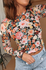 Top corto delgado con mangas largas en malla floral naranja