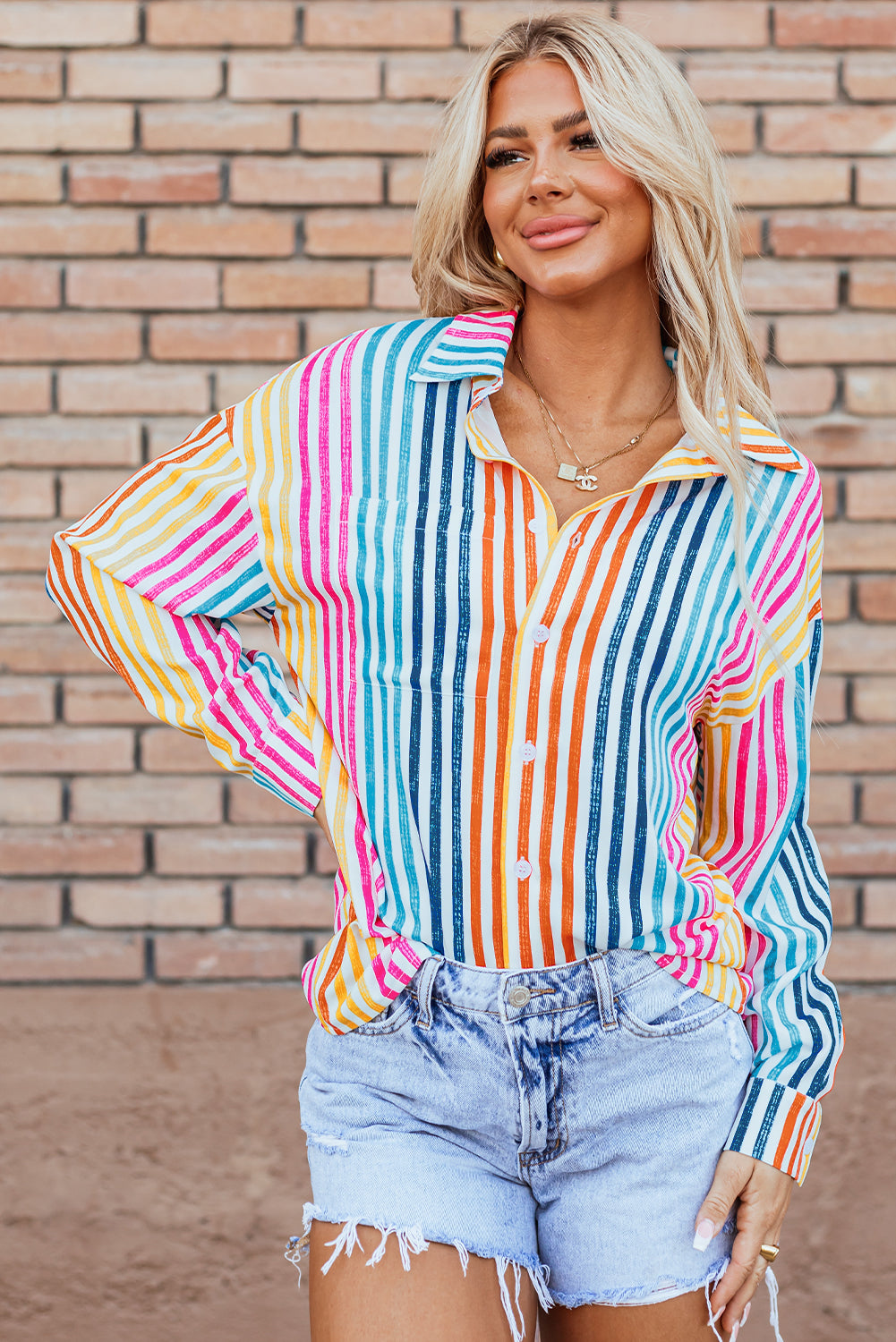 Chemise ample multicolore à rayures orange et épaules tombantes-A WOMAN WE LOVE