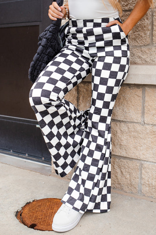 Black Checkerboard High Rise Casual Flared Pants