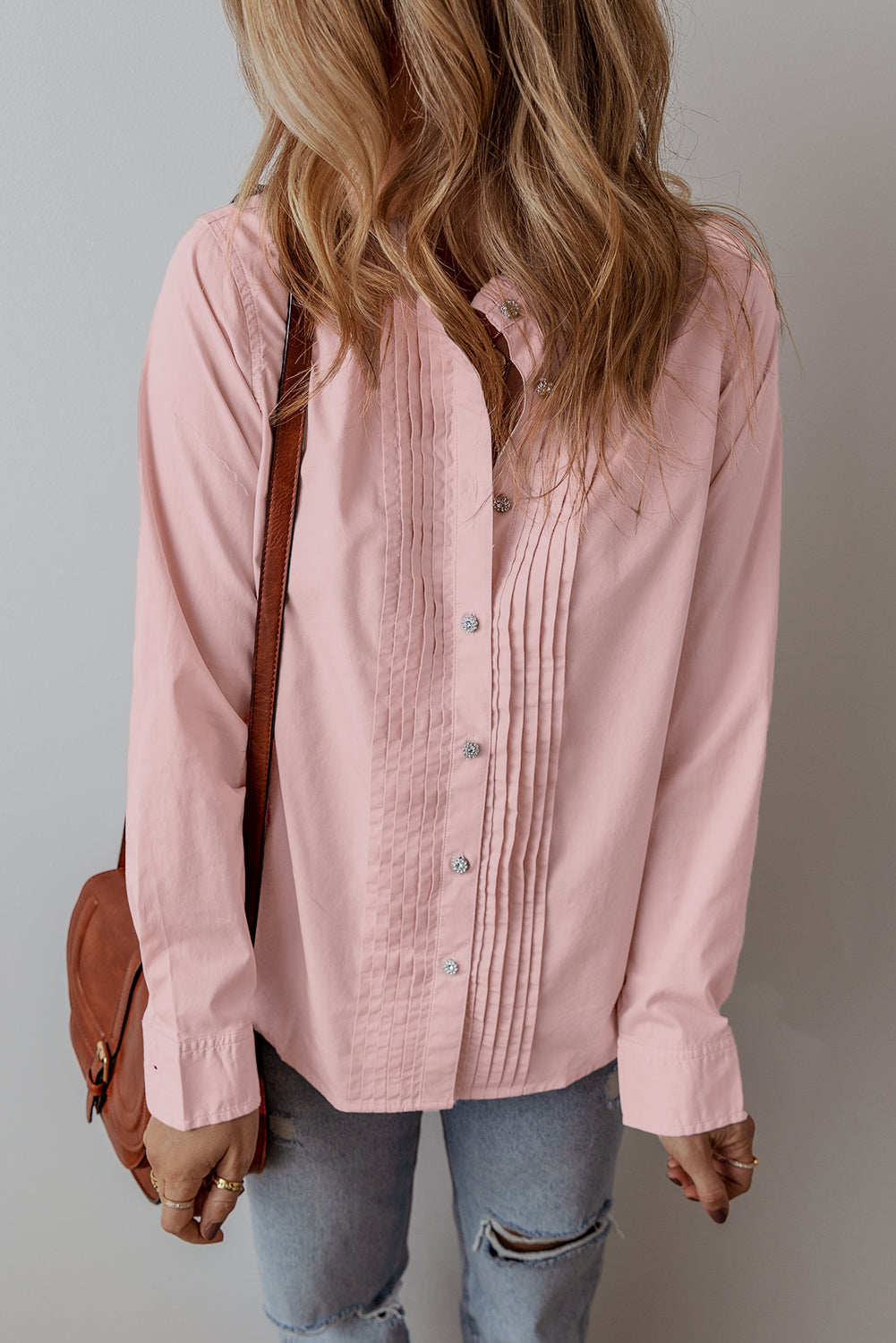 Light Pink Pleated Button-Up Loose Fit Casual Shirt