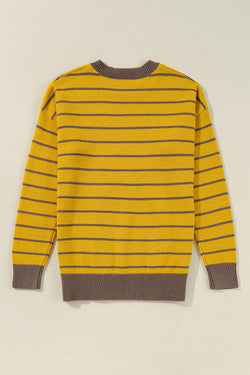 Yellow Striped Floral Daisy Knitted Crew Neck Sweater