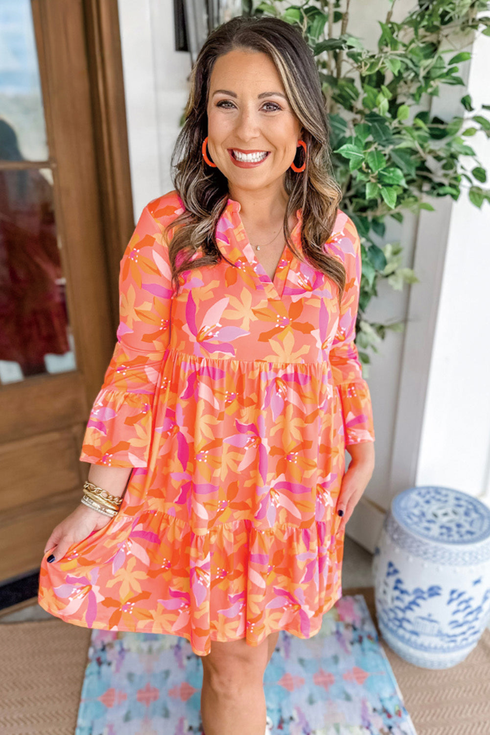 Orange Abstract Print Ruffled Sleeve V Neck Dress