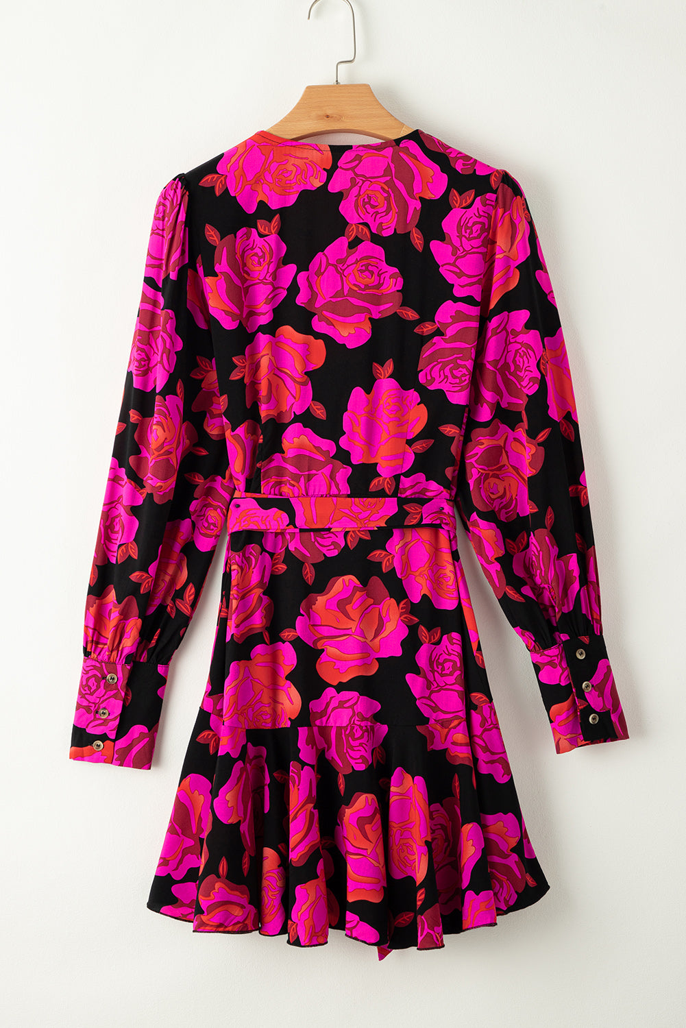 Rose Floral Print a V Neck Wrap Washop Sleeve Bruffer Tiered Dress