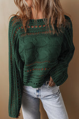 Pull court en tricot torsadé ajouré vert noirâtre