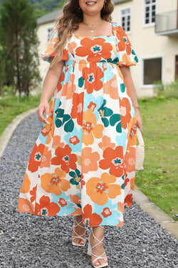 Vestido largo naranja con estampado floral grande con ceño en cuello cuadrado