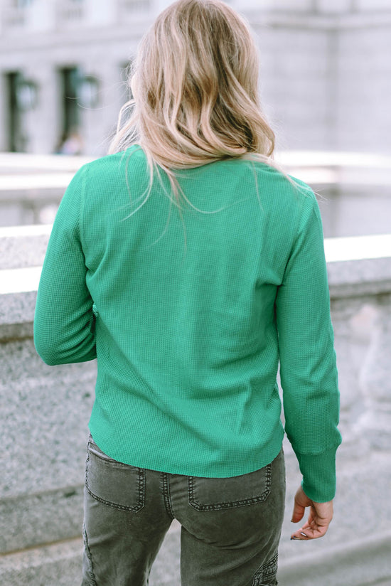 Green Waffle Knit Henley Top with Bound Neckline