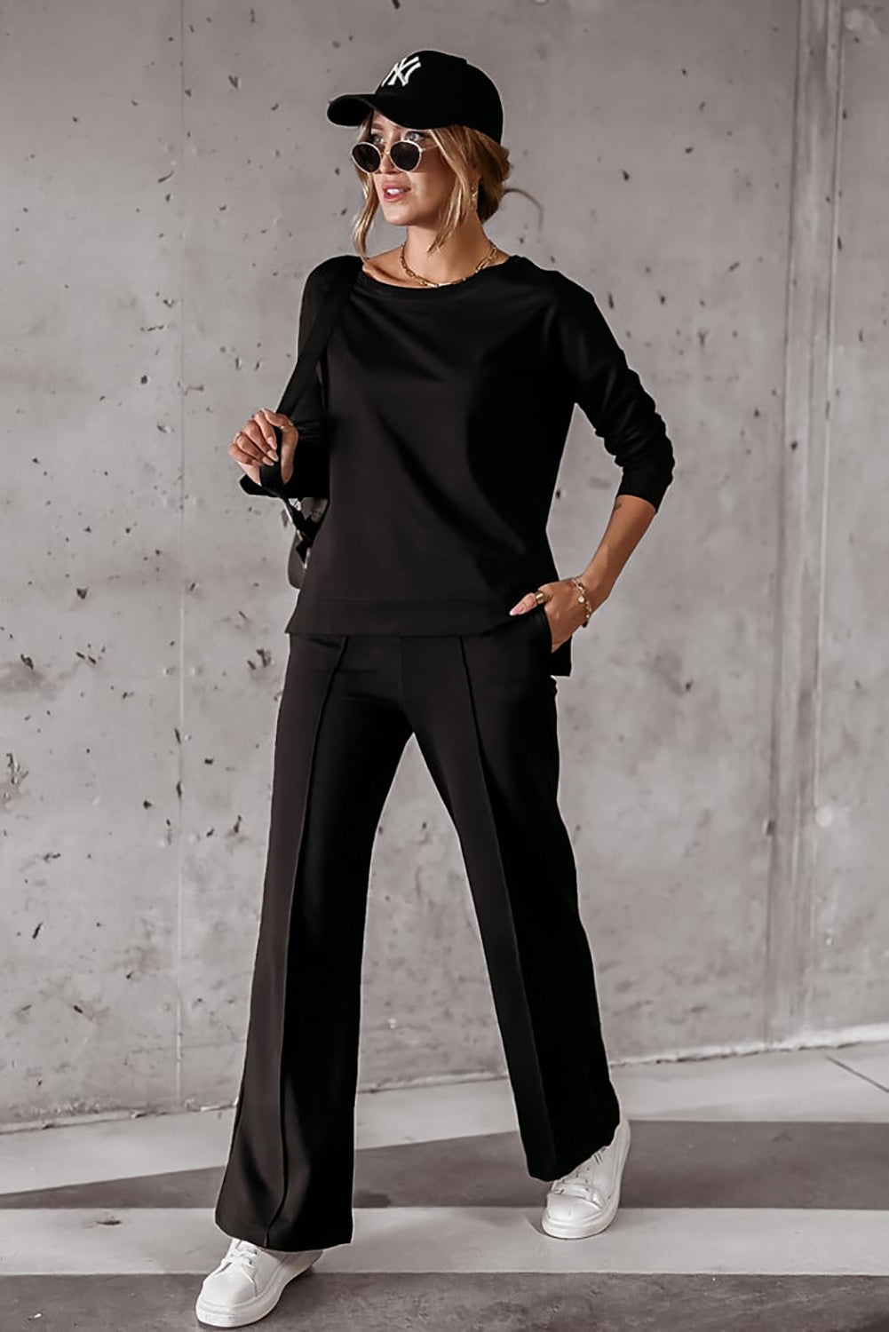 Black plain sweater and casual pants set stitched