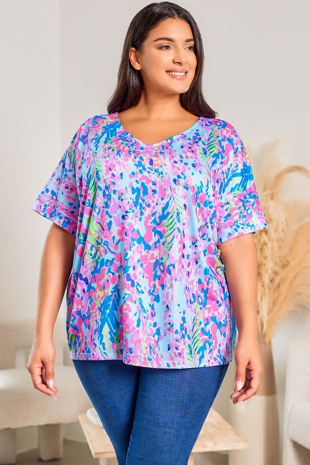 Sky Blue Plus Size Plant Stampa a v-shirt