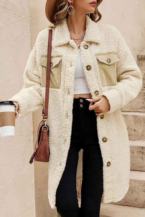 Manteau Teddy beige à simple boutonnage et poche à rabat contrasté