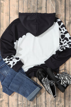 Black drawstring hoodie with cow tie-dye print