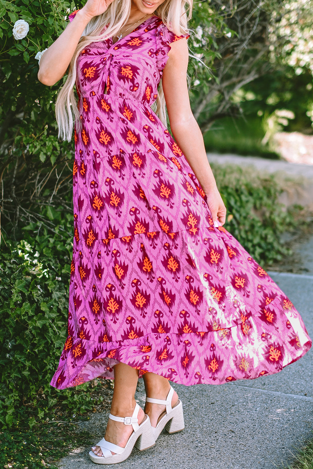 Bonbon Retro Print Twisted Front Ruffled Sleeve Maxi Kleid