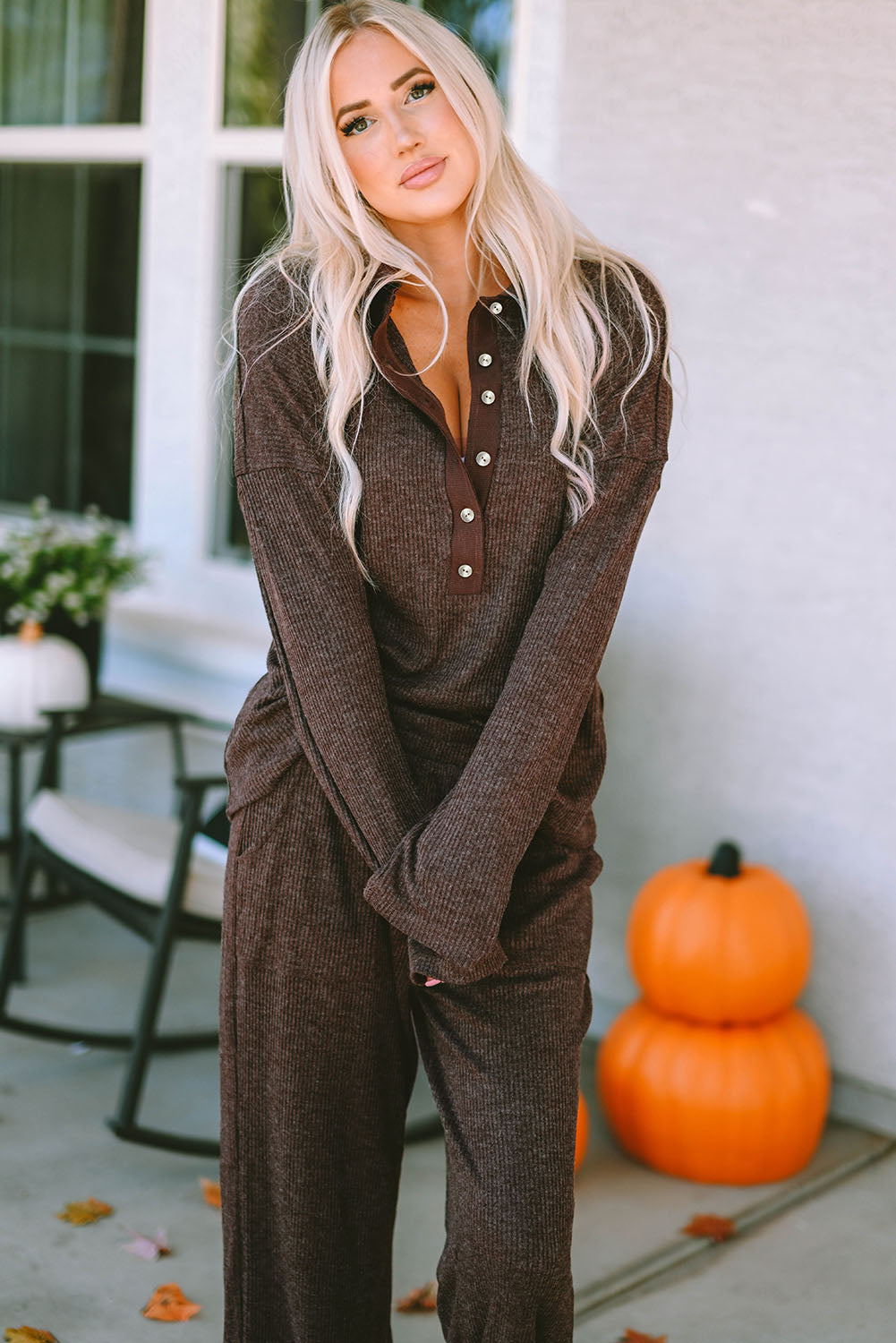 Brown Caned Caned Collared Henley Top and Pants Lounge