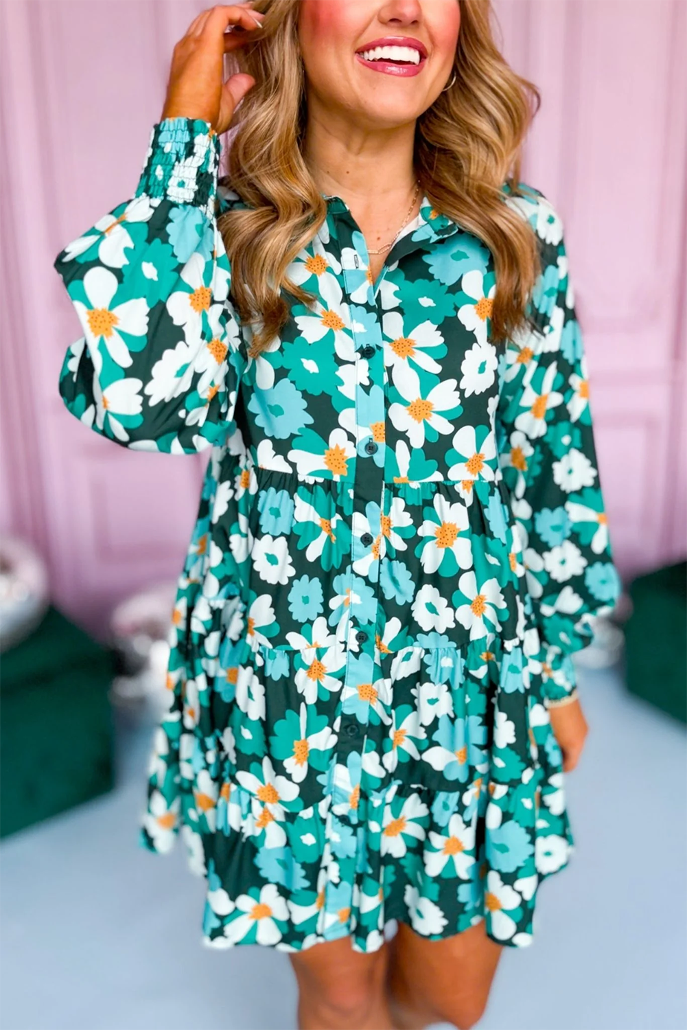 Green floral shirt dress with long puffed sleeves