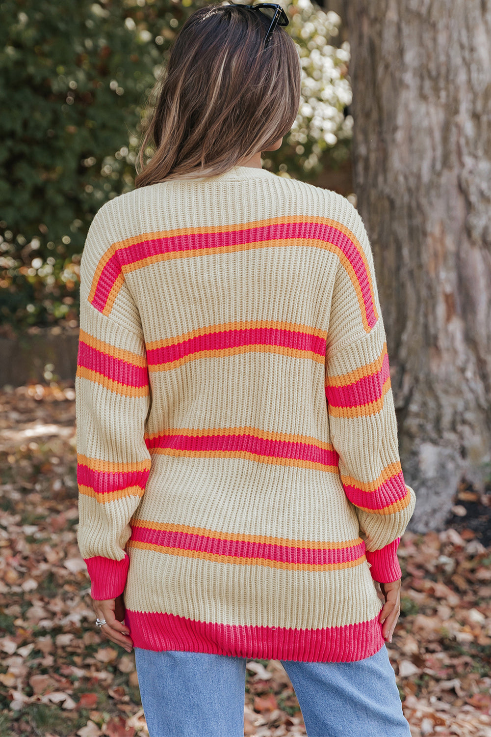 Cardigan long tricoté côtelé imprimé à rayures-A WOMAN WE LOVE