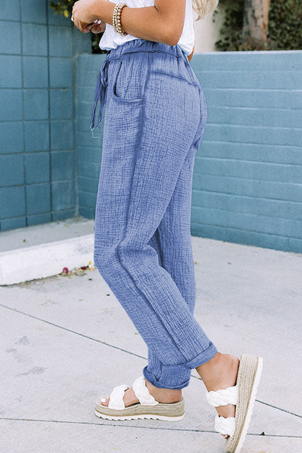 Sky Blue Washed Textured Drawstring Waist Straight Leg Pants