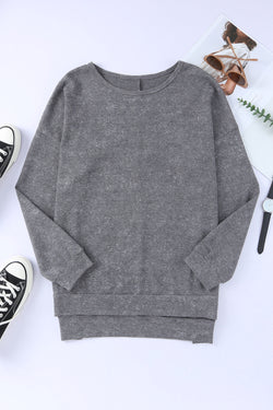 Grey waffle knit sweater top with side slit