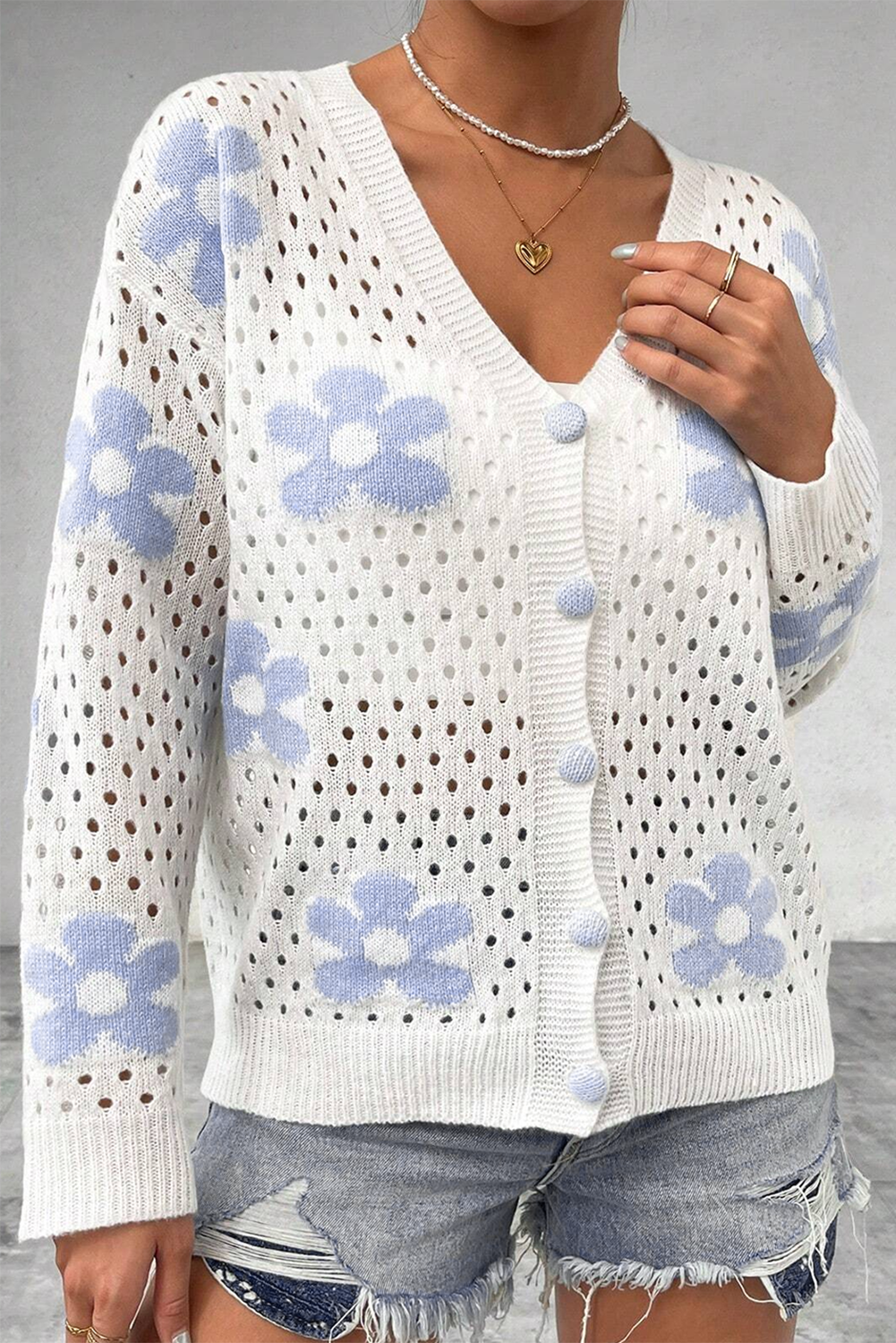 Cardigan court ouvert ajouré en tricot à fleurs blanches