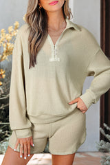 Parchment Textured Long Sleeve Button-Down Top and Shorts 2 Piece Set