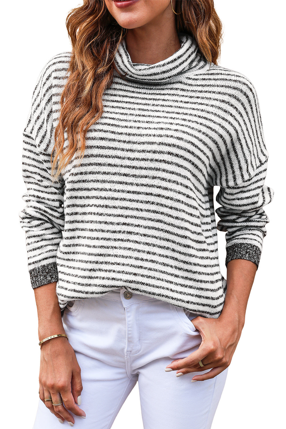 Gray Striped Turtleneck Loose Sweater