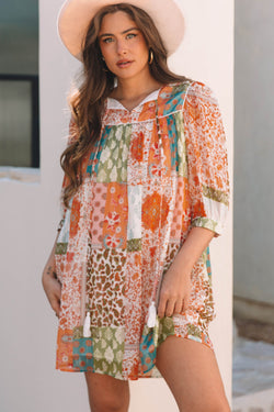 Orange Paisley Bohemian Style Mixed Print 3/4 Sleeve Loose Chiffon Dress