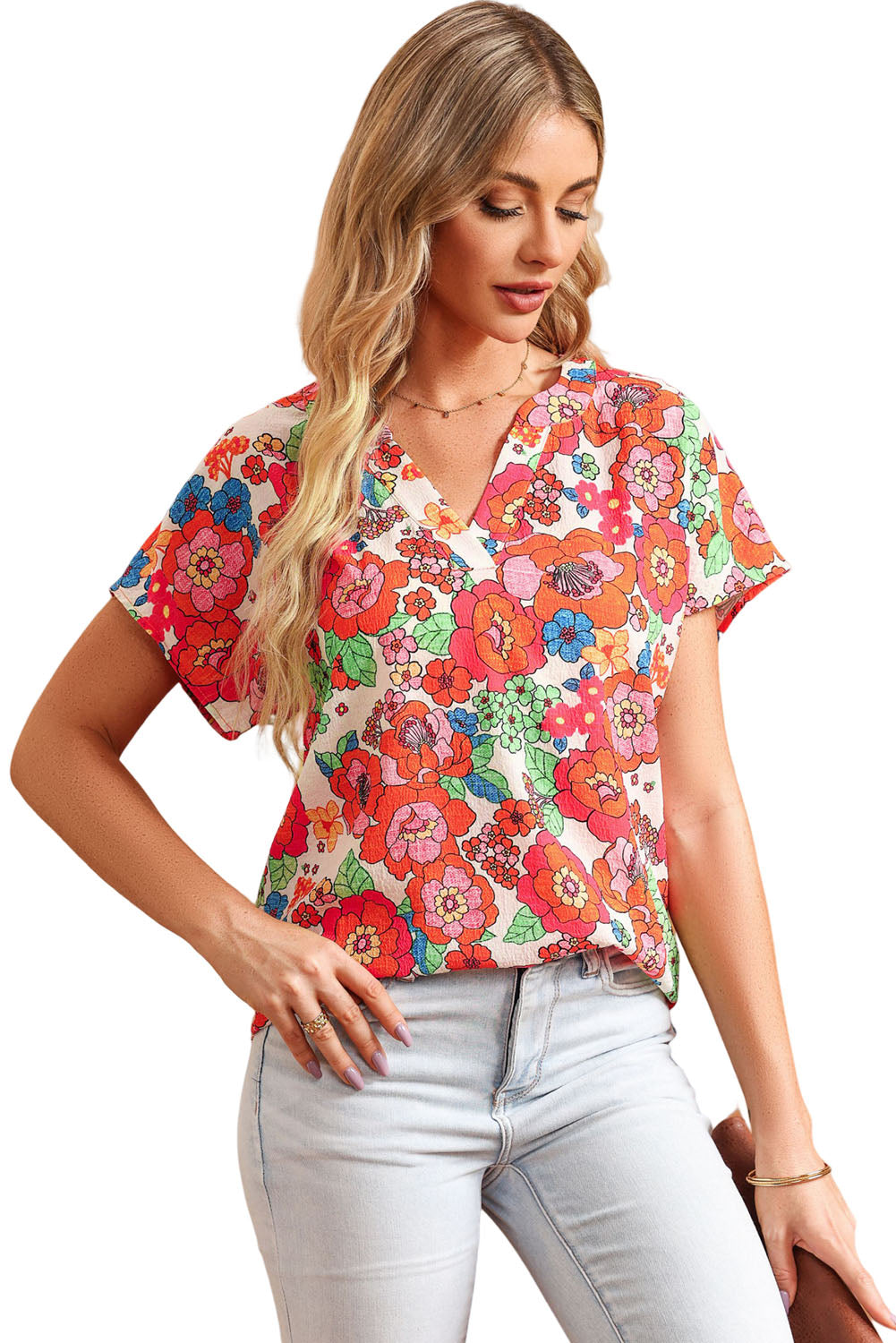 Top de cuello dividido floral rojo ardiente