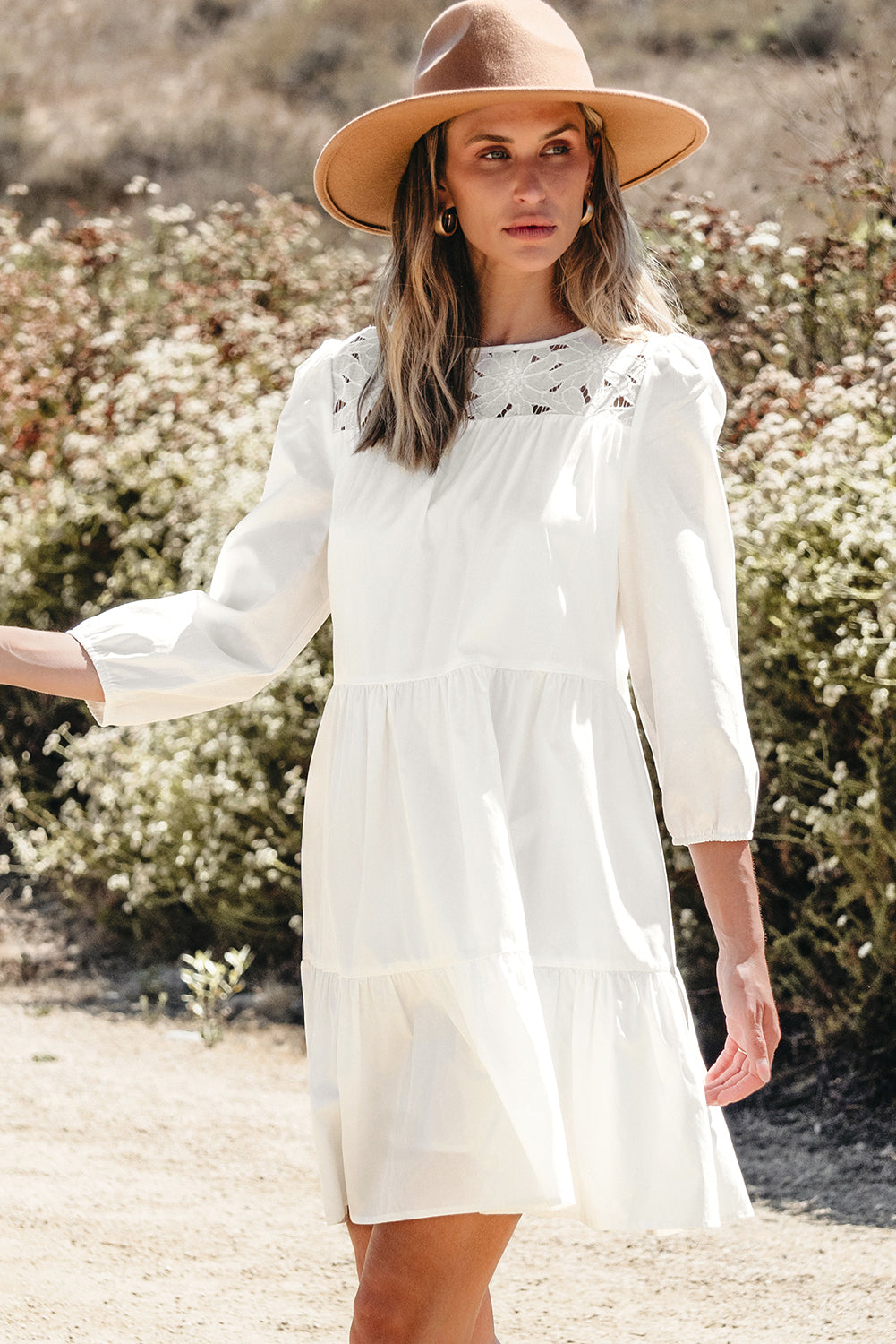 White floral lace ruffled bracelet sleeve mini dress