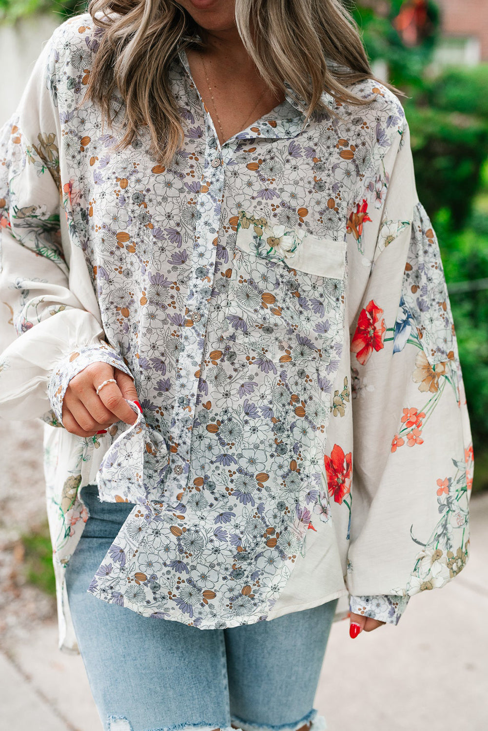 Chemise ample boutonnée à manches évêque florales Boho violettes