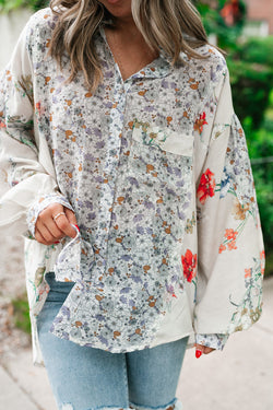 Chemise ample boutonnée à manches évêque florales Boho violettes *