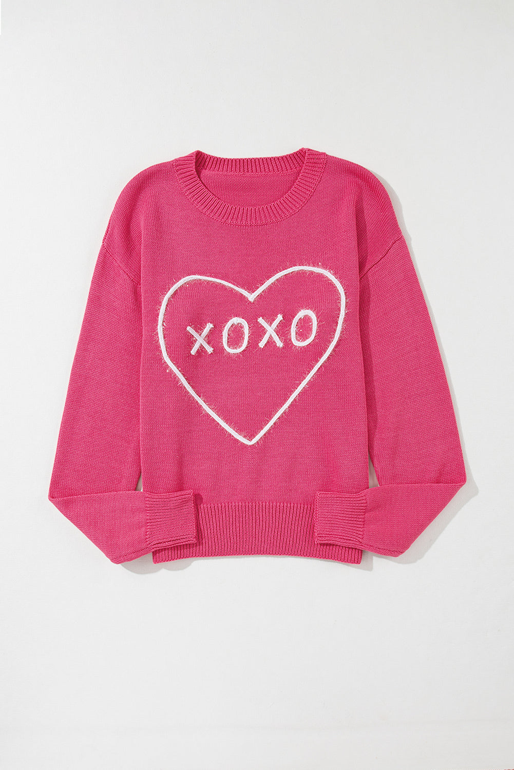 Corazón de rosa XOXO Patrón de caída Sweater de punto de punto de costilla