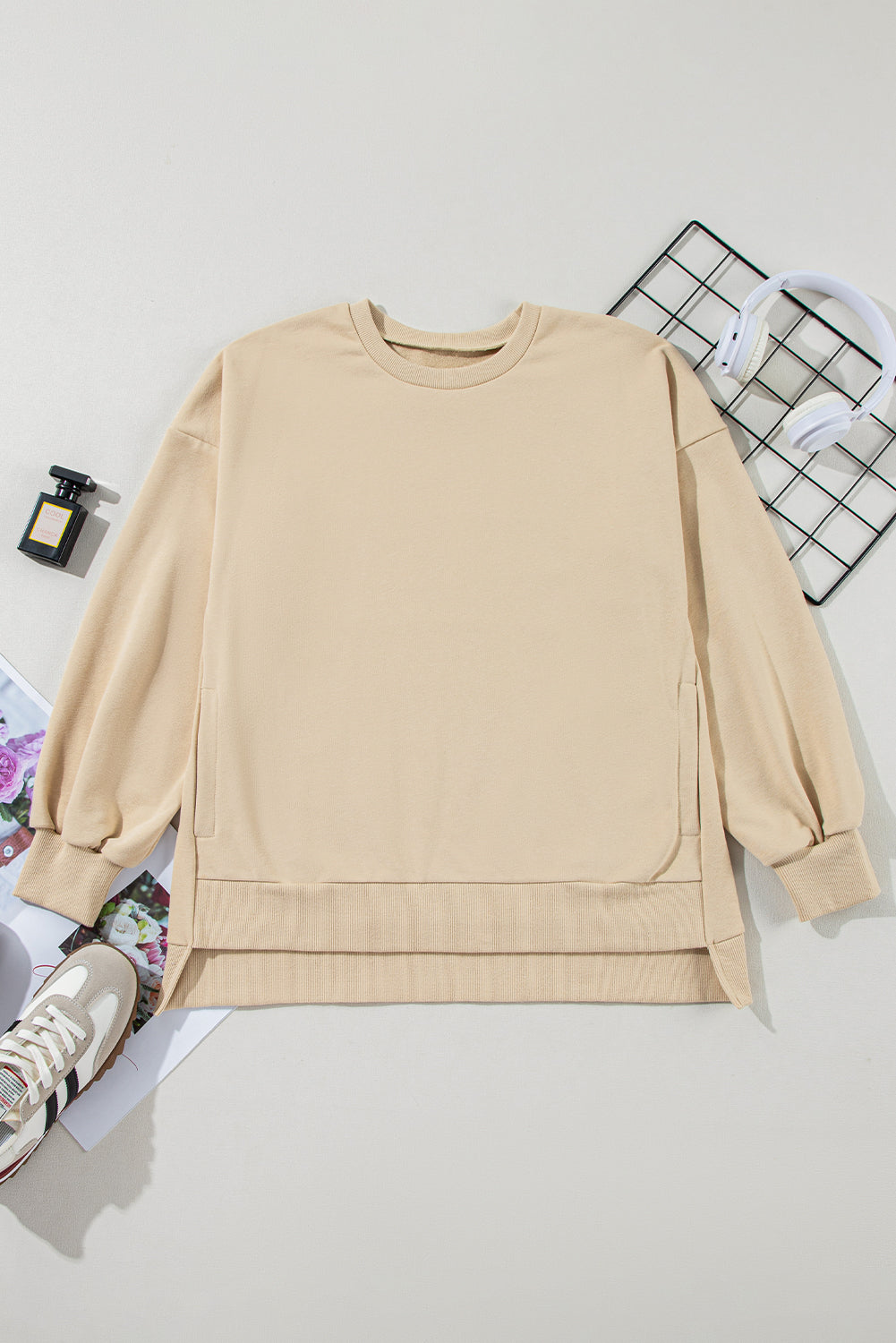 Plain Parchment Crew Neck Sweatshirt with High Low Hem