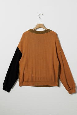 Jungle Green Color Block Bishop Sleeve Ribbed Sweater